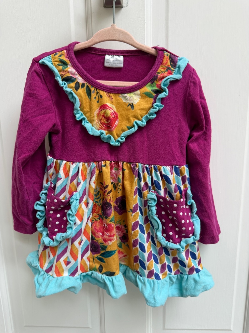 Marie Nicole M Girls 3T Maroon Yellow Long Sleeve Unique Eccentric Floral Dress